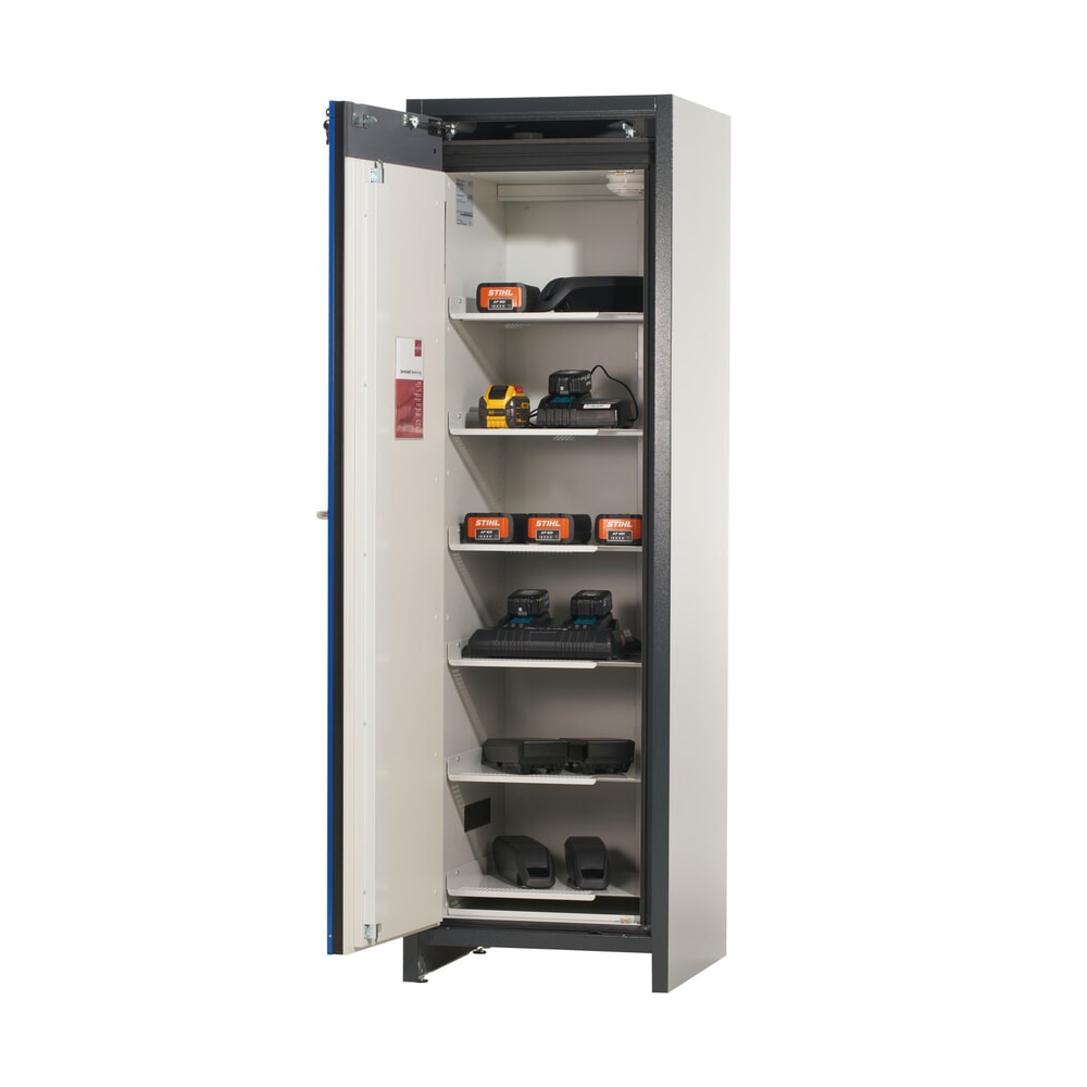 N° de l'image du produit 5 : Armoire de sécurité asecos® type 90 pour batteries lithium-ions ION-CORE-STORE, HxlxP 1 953 x 599 x 615 mm, 6 tablettes perforées, 1 bac de rétention au sol