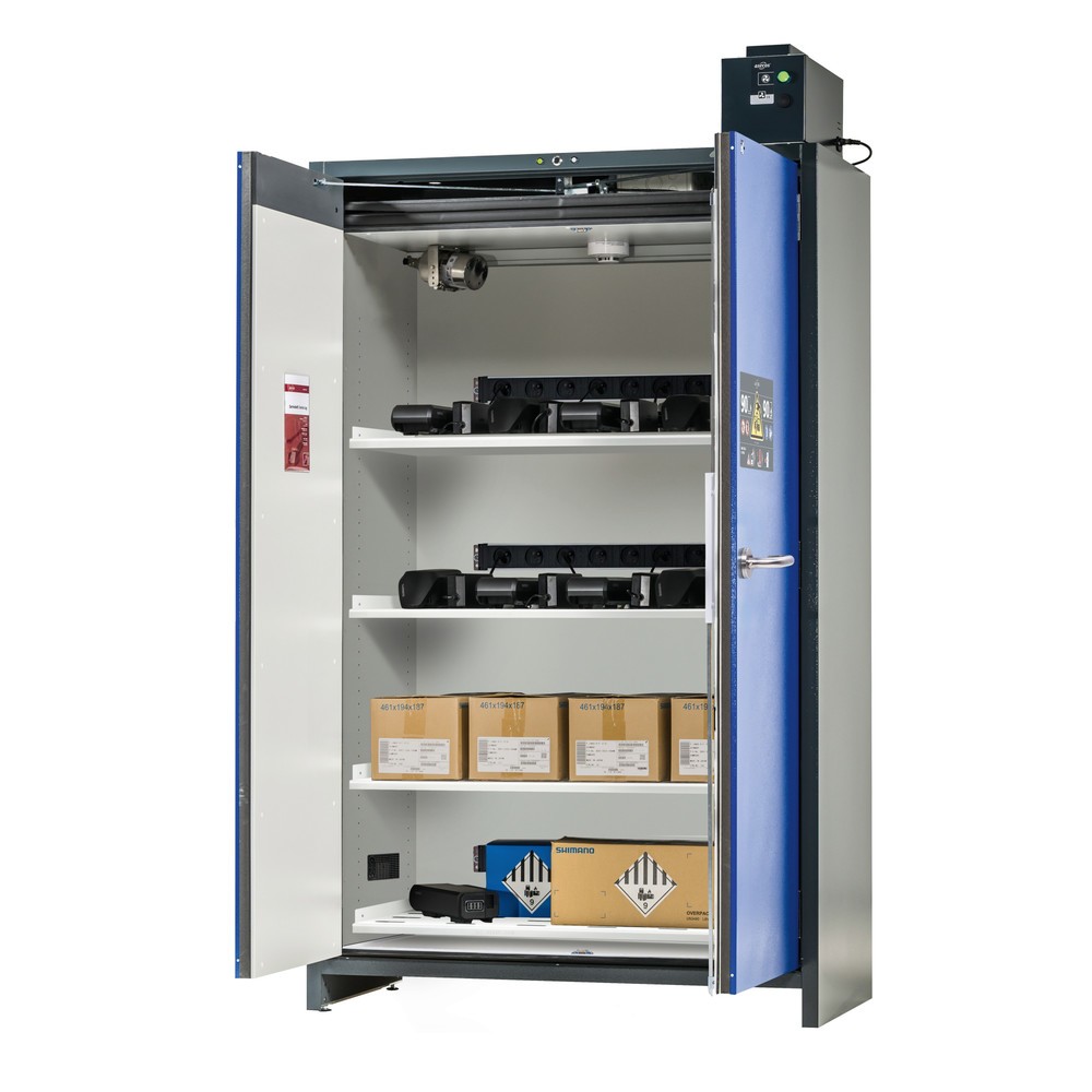 Illustration du produit: Armoire de sécurité asecos® type 90 pour batteries lithium-ions ION-PRO-CHARGE, HxlxP 2 224 x 1 193 x 615 mm, 4 tablettes perforées, 4 multiprises (version CH), 1 bac de rétention au sol