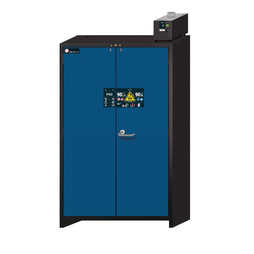 Illustration du produit: Armoire de sécurité asecos® type 90 pour batteries lithium-ions ION-PRO-CHARGE, HxlxP 2 224 x 1 193 x 615 mm, 3 tablettes perforées, 3 multiprises (version CH), 1 bac de rétention au sol