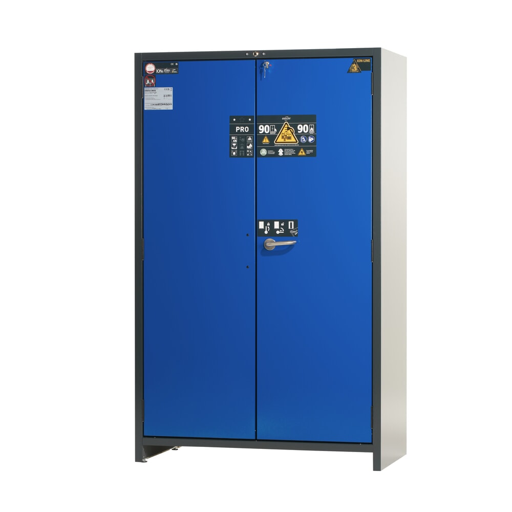 Illustration du produit: Armoire de sécurité asecos® type 90 pour batteries lithium-ions ION-PRO-STORE, HxlxP 1 953 x 1 193 x 615 mm, 3 tablettes perforées, 1 bac de rétention au sol