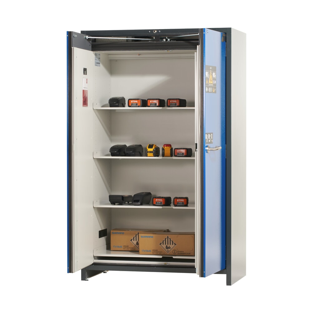 Armoire de sécurité asecos® pour batterie type 90 pour batterie lithium-ions ION-PRO-STORE, haut. x larg. x prof. 1 953 x 1 193 x 615 mm, 4 étagères isolées, 1 bac de rétention au sol N° de l'image du produit 6 : Armoire de sécurité asecos® pour batterie type 90 pour batterie lithium-ions ION-PRO-STORE, haut. x larg. x prof. 1 953 x 1 193 x 615 mm, 4 étagères isolées, 1 bac de rétention au sol