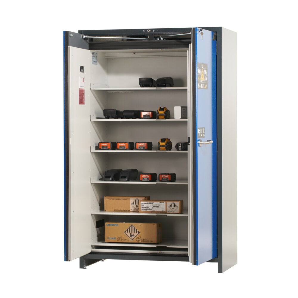 Armoire de sécurité asecos® pour batterie type 90 pour batterie lithium-ions ION-PRO-STORE, haut. x larg. x prof. 1 953 x 1 193 x 615 mm, 6 étagères isolées, 1 bac de rétention au sol N° de l'image du produit 6 : Armoire de sécurité asecos® pour batterie type 90 pour batterie lithium-ions ION-PRO-STORE, haut. x larg. x prof. 1 953 x 1 193 x 615 mm, 6 étagères isolées, 1 bac de rétention au sol