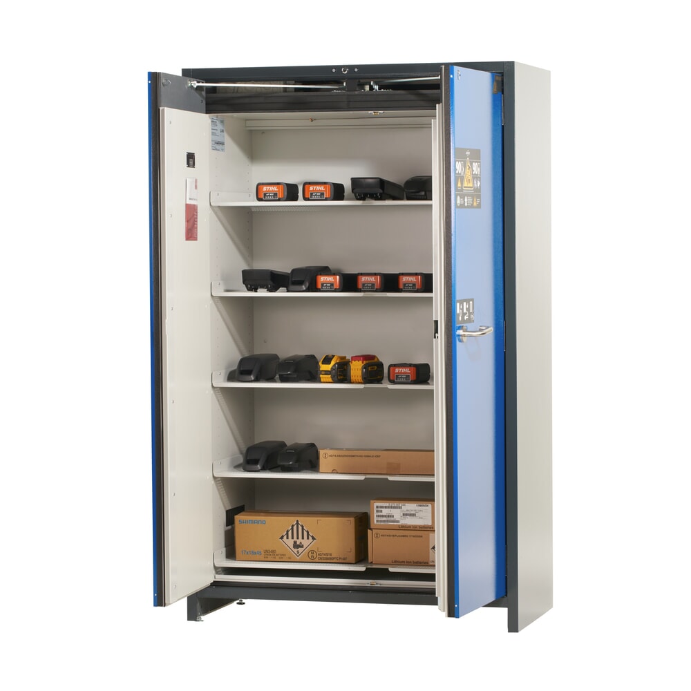 N° de l'image du produit 6 : Armoire de sécurité asecos® pour batterie type 90 pour batterie lithium-ions ION-PRO-STORE, haut. x larg. x prof. 1 953 x 1 193 x 615 mm, 5 étagères isolées, 1 bac de rétention au sol