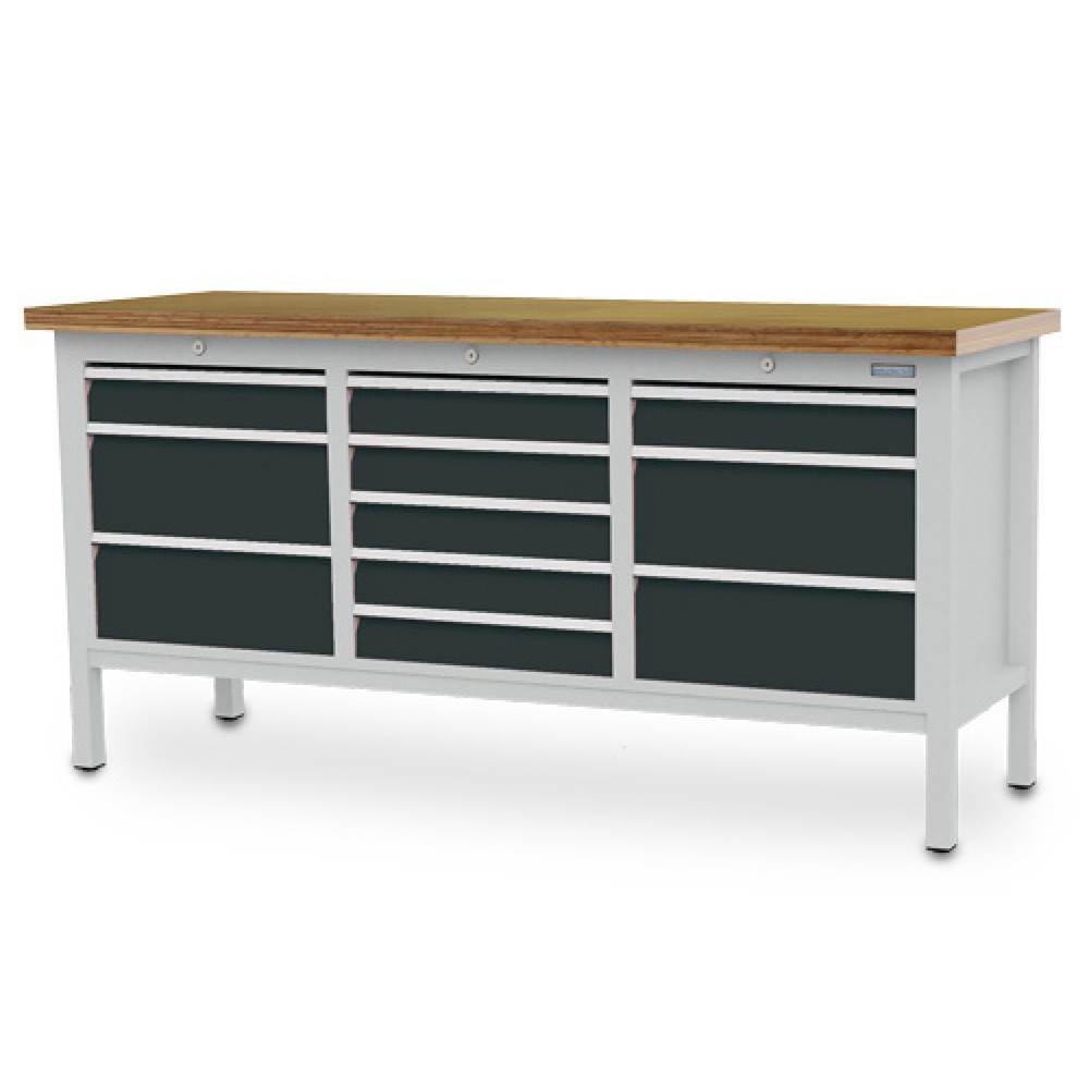 Illustration du produit: Armoire établi R 18-16 Bedrunka+Hirth, H x l x P 859 x 1 750 x 600 mm, gris clair, gris anthracite, 11 tiroirs 2 x 100 + 4 x 200 + 5 x 100 mm