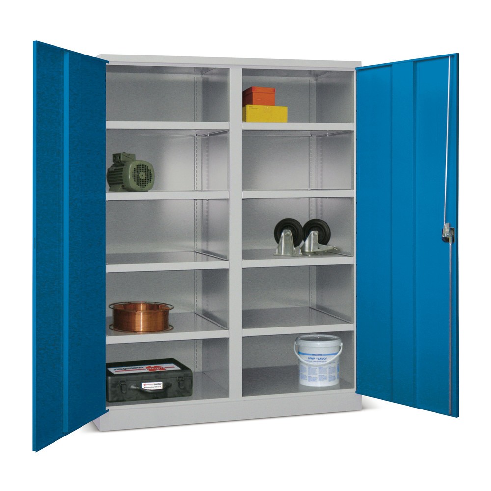 Illustration du produit: Armoire industrielle pour charges lourdes PAVOY Premium avec paroi intermédiaire, 8 tablettes, H x l x P 1 950 x 1 470 x 630 mm, bleu ciel, gris clair