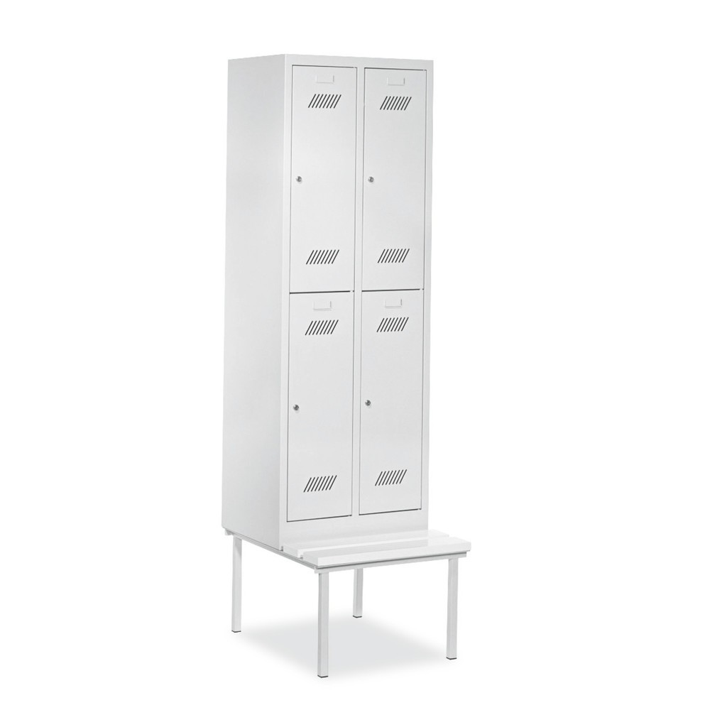Illustration du produit: Armoire-penderie avec banc PAVOY, 2 niveaux, 2 x 2 compartiments de 400 mm, fermeture à pêne tournant, bleu ciel, gris clair