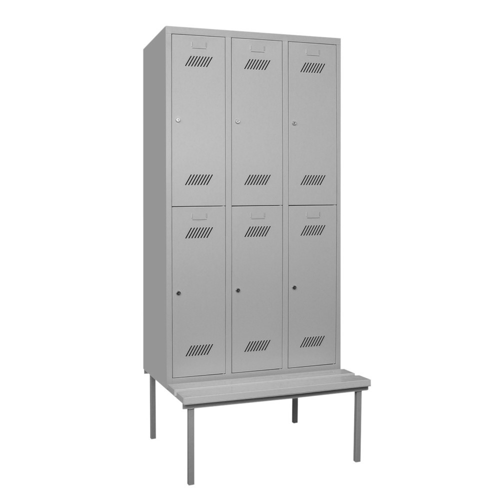 Illustration du produit: Armoire-penderie avec banc PAVOY, 2 niveaux, 3 x 2 compartiments de 300 mm, fermeture à pêne tournant, bleu ciel, gris clair