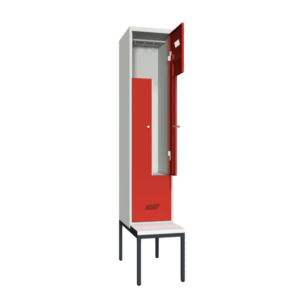 Produktabbildung Nr. 2: Armoire-penderie en Z avec banc PAVOY, 2 compartiments, serrure à cylindre, gris clair, rouge feu, Plastique, blanc