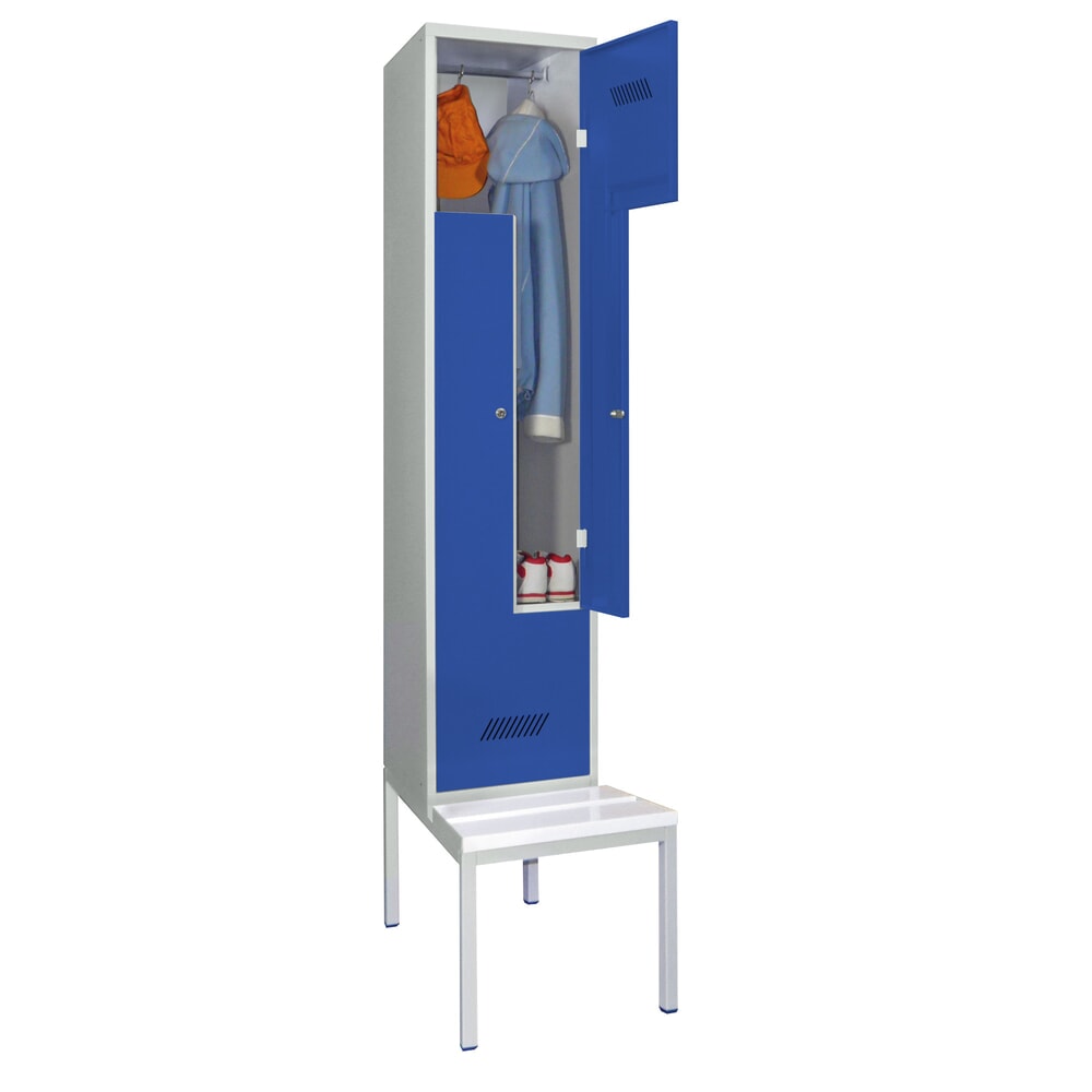 Produktabbildung Nr. 2: Armoire-penderie en Z avec banc PAVOY, 2 compartiments, serrure à cylindre, gris clair, bleu gentiane, Plastique, blanc