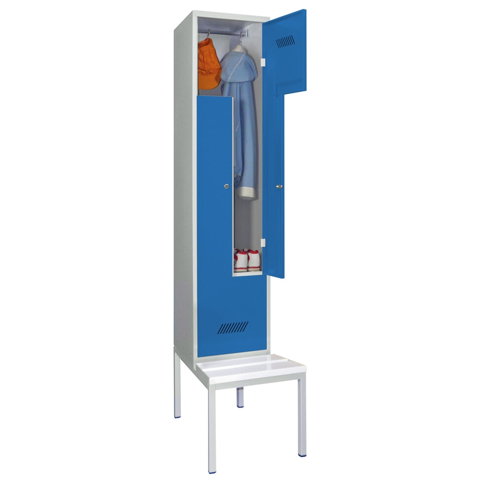 Produktabbildung Nr. 2: Armoire-penderie en Z avec banc PAVOY, 2 compartiments, serrure à cylindre, gris clair, bleu clair, Plastique, blanc