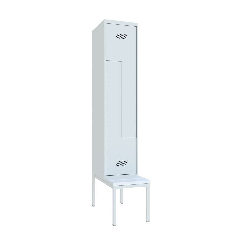 Armoire-penderie en Z avec banc PAVOY, 2 compartiments, serrure à cylindre, gris clair, gris clair, Plastique, blanc Illustration du produit: Armoire-penderie en Z avec banc PAVOY, 2 compartiments, serrure à cylindre, gris clair, gris clair, Plastique, blanc