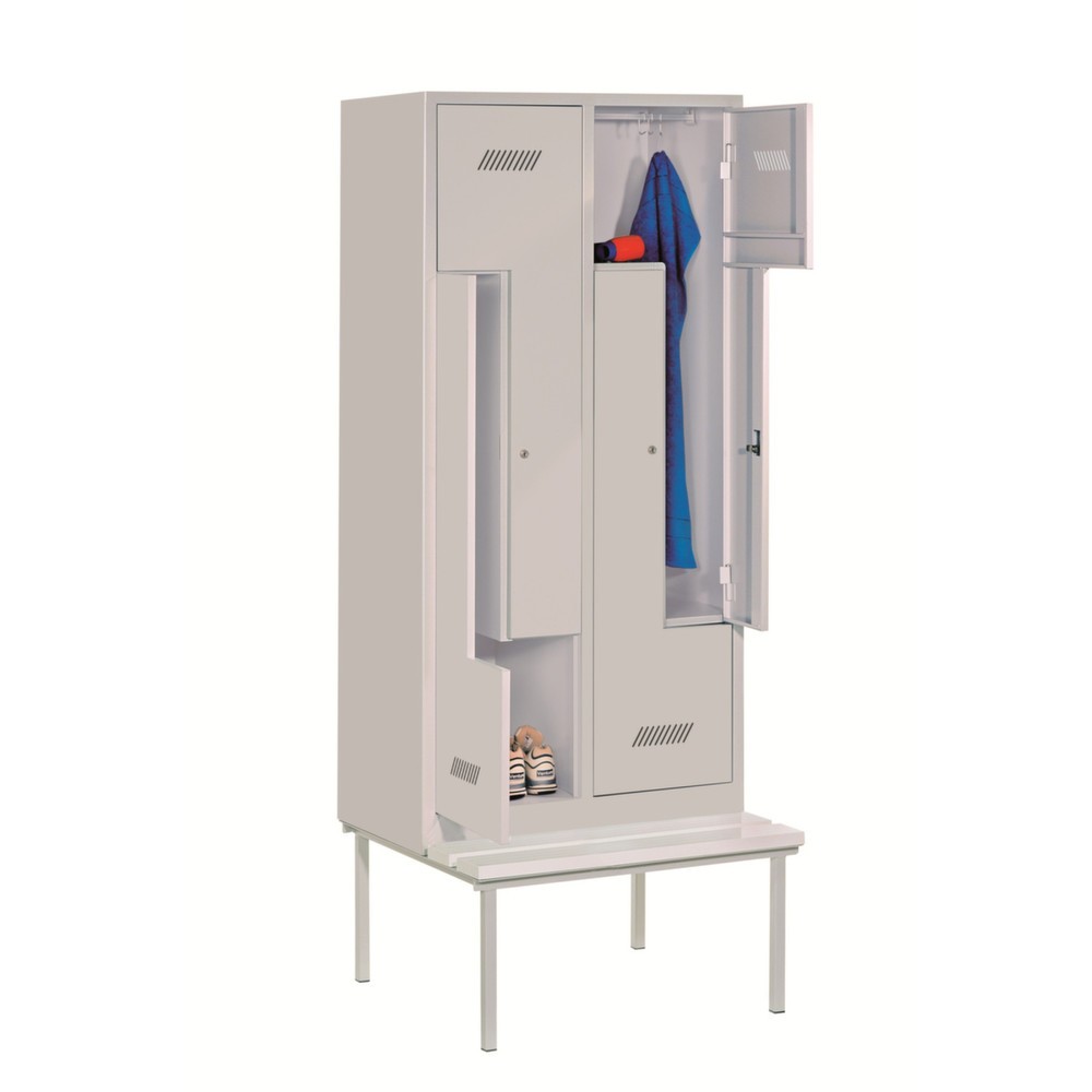 Illustration du produit: Armoire-penderie en Z avec banc PAVOY, 4 compartiments, serrure à cylindre, gris clair, bleu gentiane, Plastique, blanc