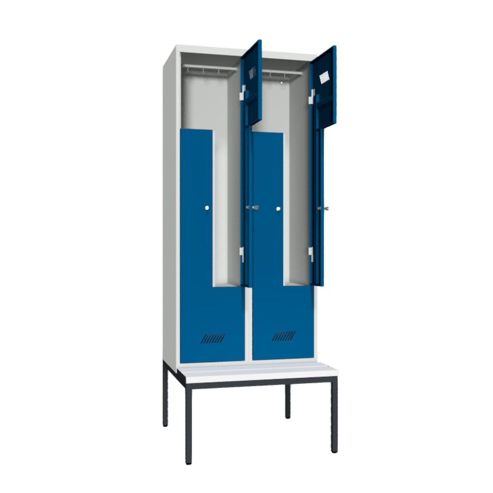 Produktabbildung Nr. 2: Armoire-penderie en Z avec banc PAVOY, 4 compartiments, serrure à cylindre, gris clair, bleu gentiane, Plastique, blanc