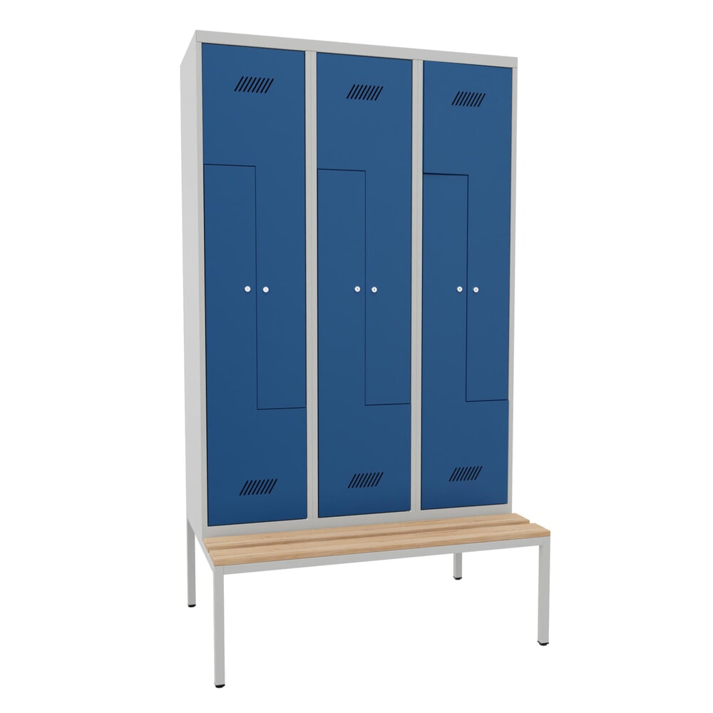 Produktabbildung Nr. 1: Armoire-penderie en Z avec banc PAVOY, 6 compartiments, serrure à cylindre, gris clair, bleu gentiane, Hêtre