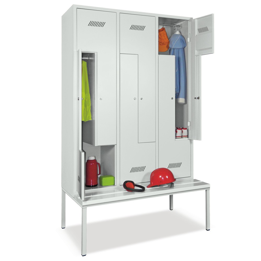 Illustration du produit: Armoire-penderie en Z avec banc PAVOY, 6 compartiments, serrure à cylindre, gris clair, bleu ciel, Plastique, blanc