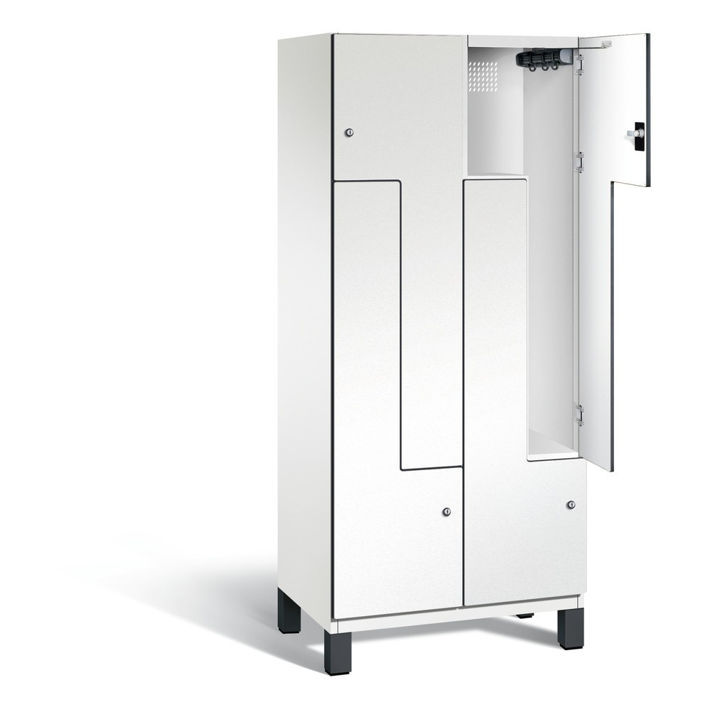 Illustration du produit: Armoire-penderie en Z Cambio C+P, 2 compartiments, largeur des compartiments 400 mm, HxlxP 1 980x800x525 mm, RAL 9016 blanc de signalisation, décor blanc, pieds