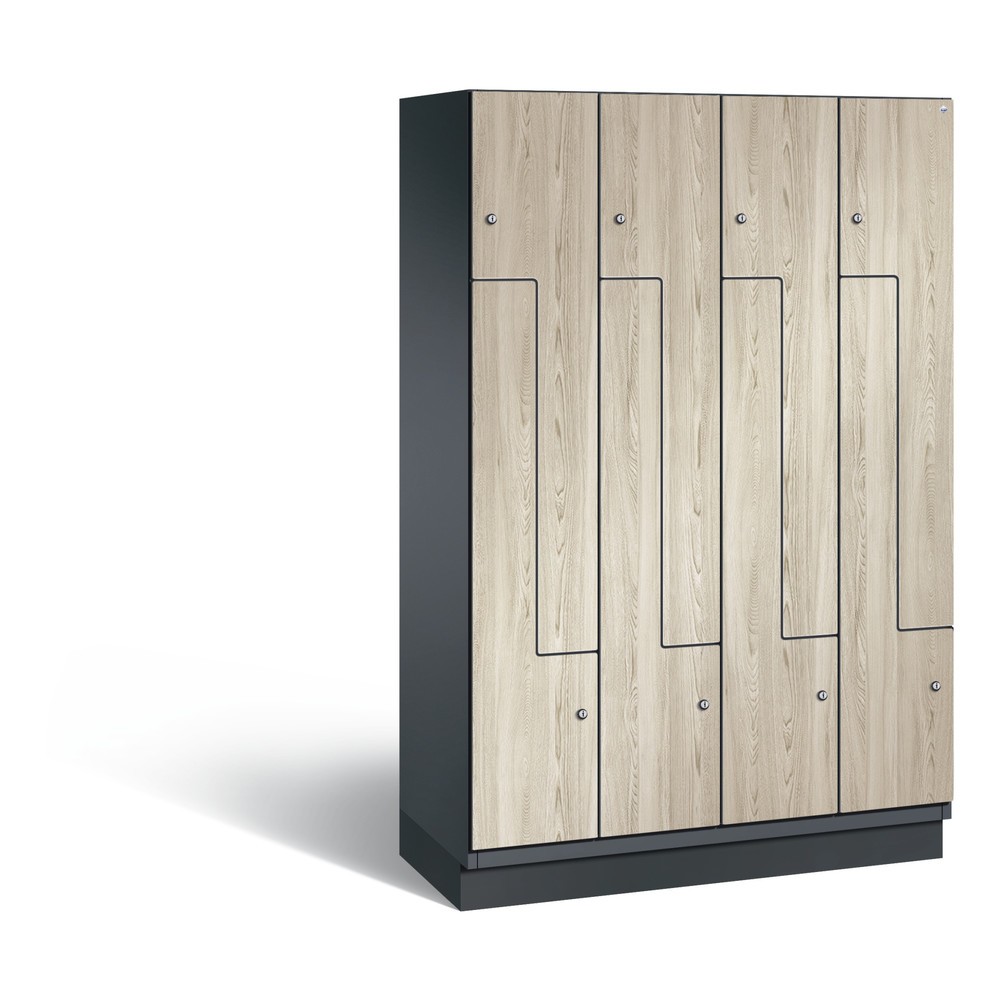 Illustration du produit: Armoire-penderie en Z Cambio C+P, 4 compartiments, largeur des compartiments 400 mm, HxlxP 1 980 x1 200x525 mm, RAL 7021 gris noir, décor frêne Sen, socle