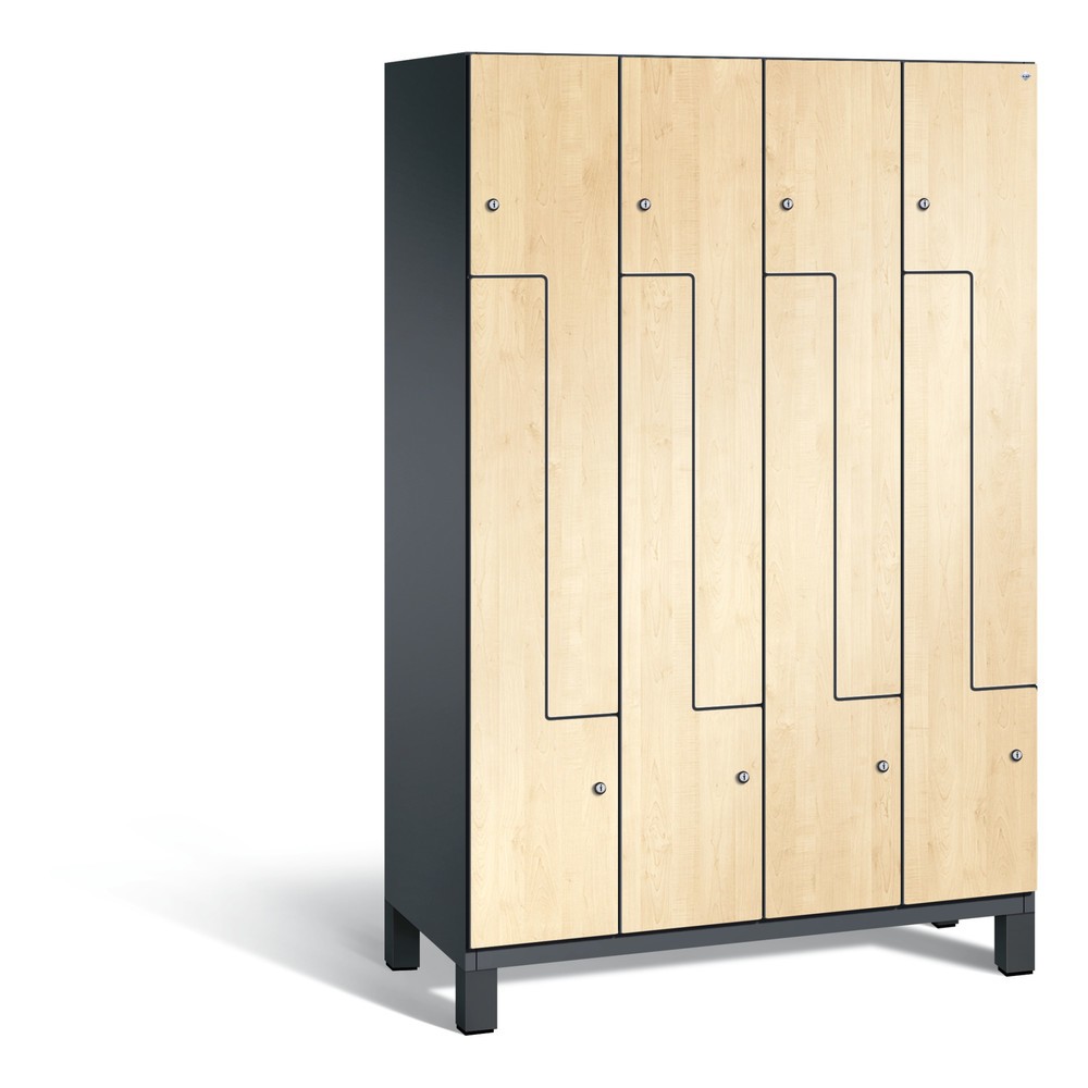Illustration du produit: Armoire-penderie en Z Cambio C+P, 4 compartiments, largeur des compartiments 400 mm, HxlxP 1 980 x1 200x525 mm, RAL 7021 gris noir, décor érable du Danube, pieds