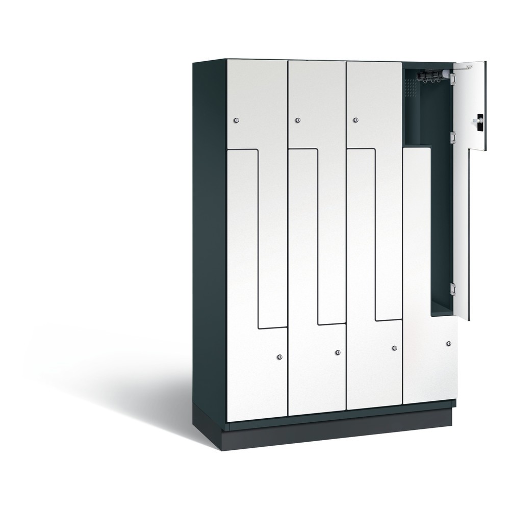 Illustration du produit: Armoire-penderie en Z C+P Cambio, 4 compartiments, largeur des compartiments 400 mm, HxlxP 1 980 x1 200x525 mm, RAL 7016 gris anthracite, décor blanc, socle