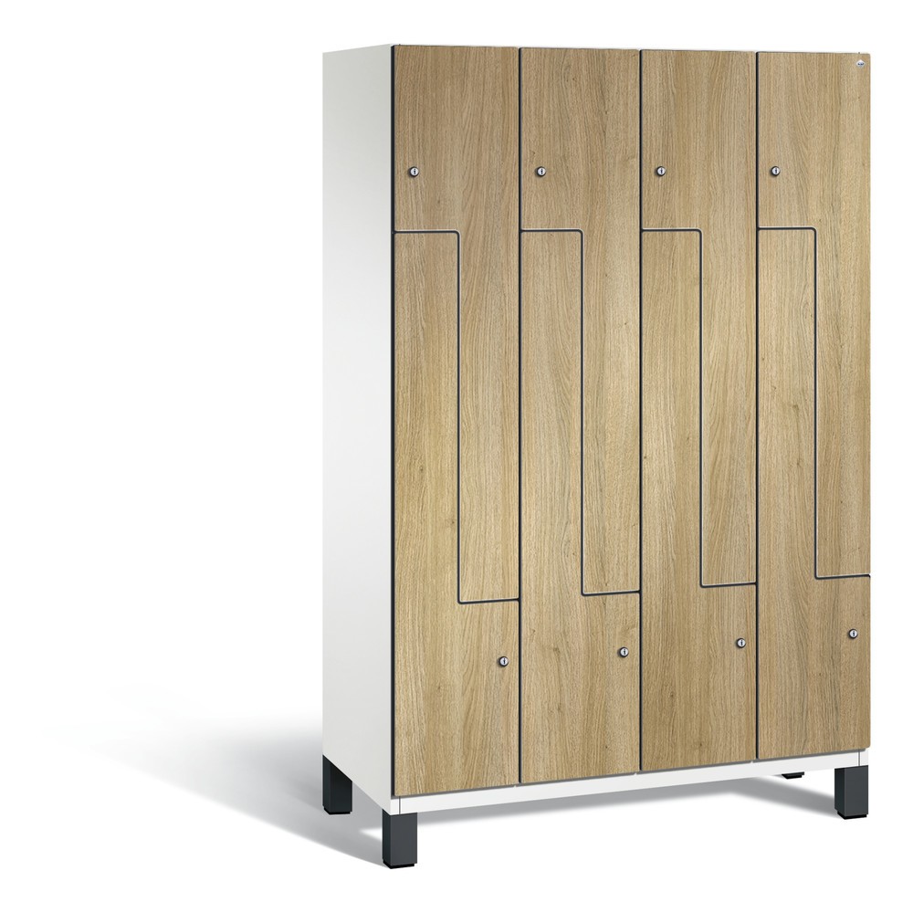 Illustration du produit: Armoire-penderie en Z Cambio C+P, 4 compartiments, largeur des compartiments 400 mm, HxlxP 1 980x1 200x525 mm, RAL 9016 blanc signalisation, décor chêne Sereno, pieds