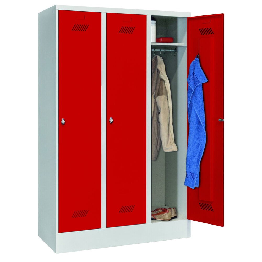 N° de l'image du produit 2 : Armoire-penderie PAVOY avec socle + fermeture à pêne tournant, 3 compartiments, H x l x P 1 850 x 1 230 x 500 mm, rouge feu, gris clair