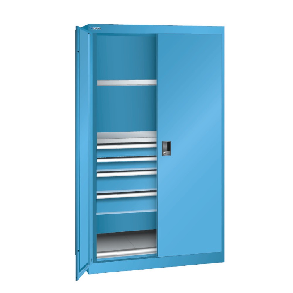 Illustration du produit: Armoire pour charges lourdes LISTA, 2 tablettes + 4 tiroirs, H x l x P 1 950 x 1 100 x 641 mm, bleu clair