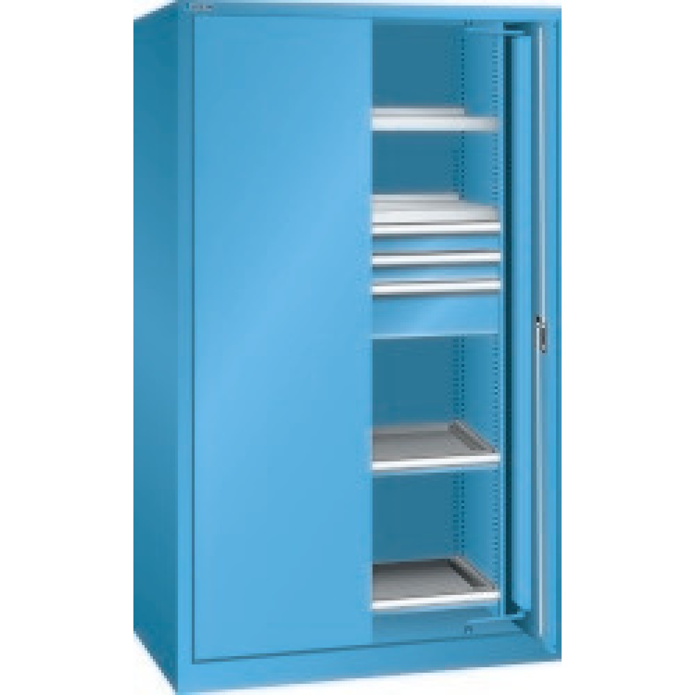 Illustration du produit: Armoire pour charges lourdes LISTA avec portes rétractables, 2 tablettes + 3 tiroirs + 2 tablettes coulissantes, H x l x P 1 950 x 1 146 x 690 mm, bleu clair