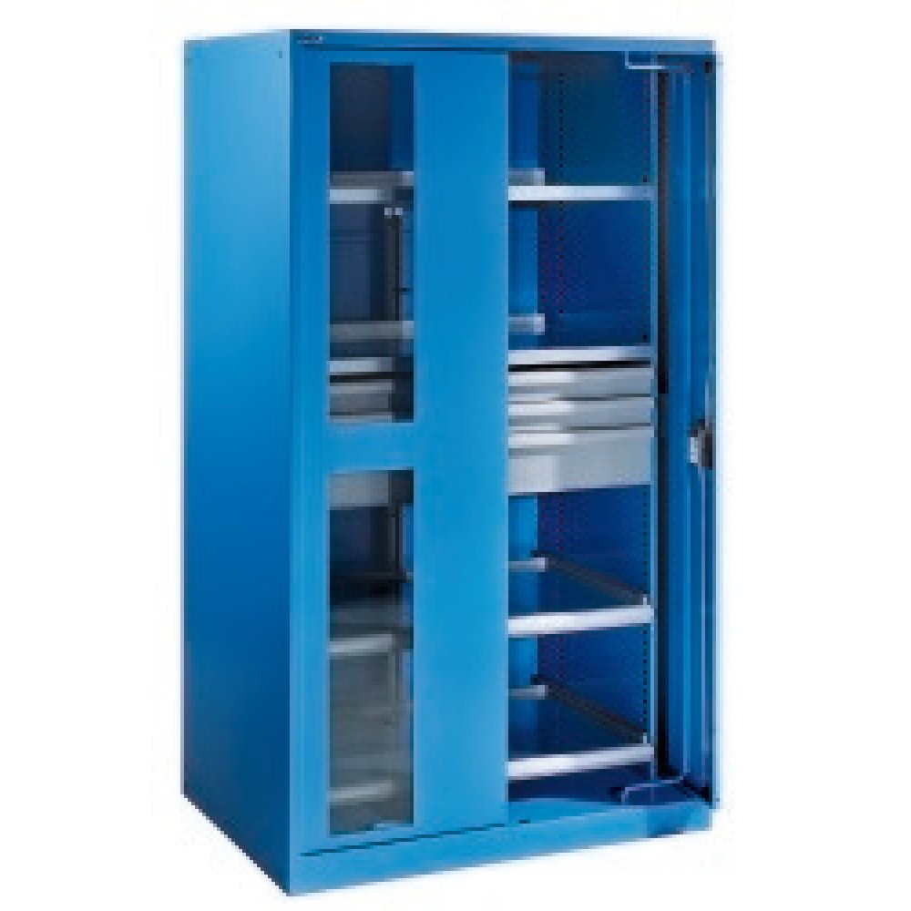 Illustration du produit: Armoire pour charges lourdes LISTA avec portes rétractables + vitres transparentes, 2 tablettes + 3 tiroirs + 2 tablettes coulissantes, H x l x P 1 950 x 1 146 x 690 mm, bleu clair