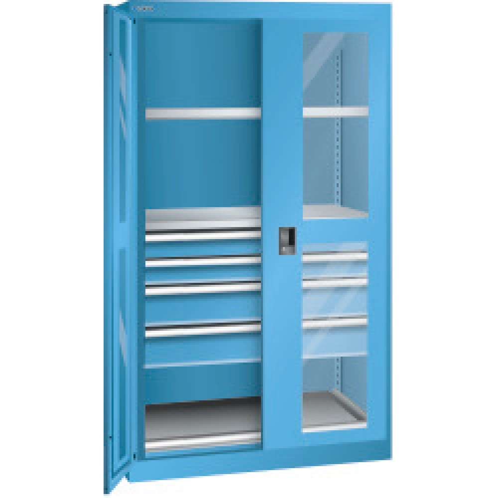 Illustration du produit: Armoire pour charges lourdes LISTA avec vitres transparentes, 2 tablettes + 4 tiroirs, H x l x P 1 950 x 1 100 x 641 mm, bleu clair