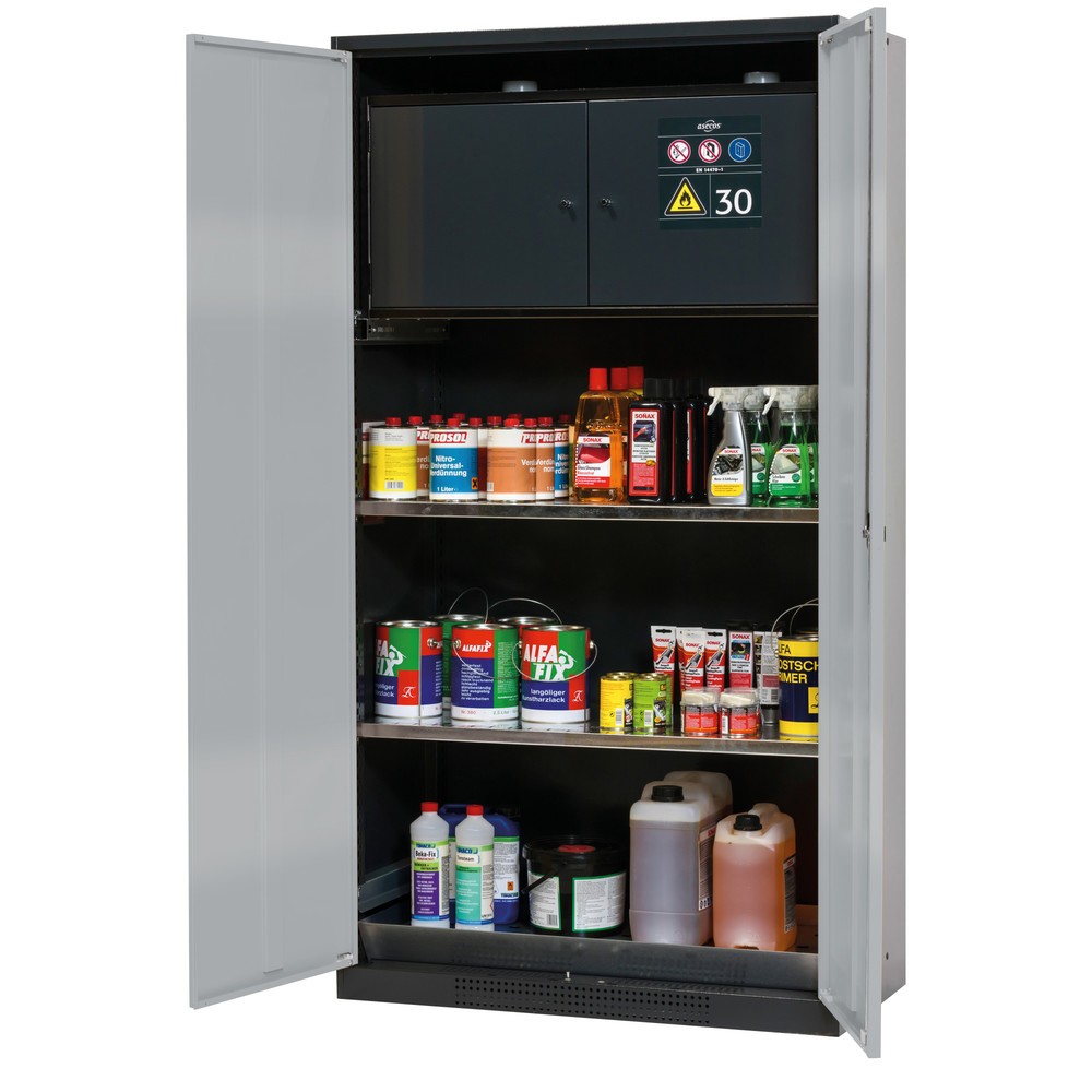Illustration du produit: Armoire pour produits chimiques et toxiques avec coffre de sécurité type 30, asecos®, 2 tablettes, 1 bac de rétention, aluminium blanc