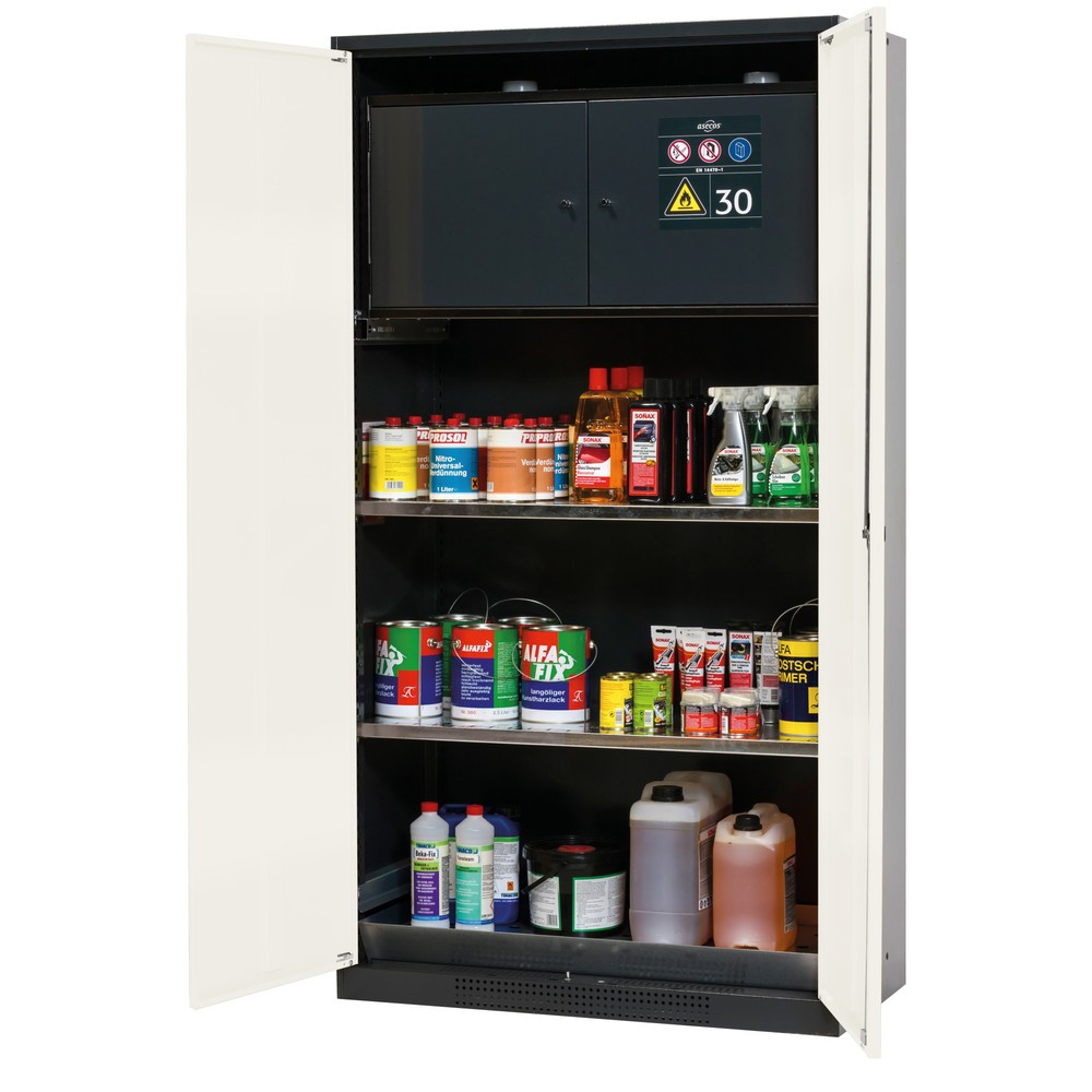 Illustration du produit: Armoire pour produits chimiques et toxiques avec coffre de sécurité type 30, asecos®, 2 tablettes, 1 bac de rétention, blanc pur
