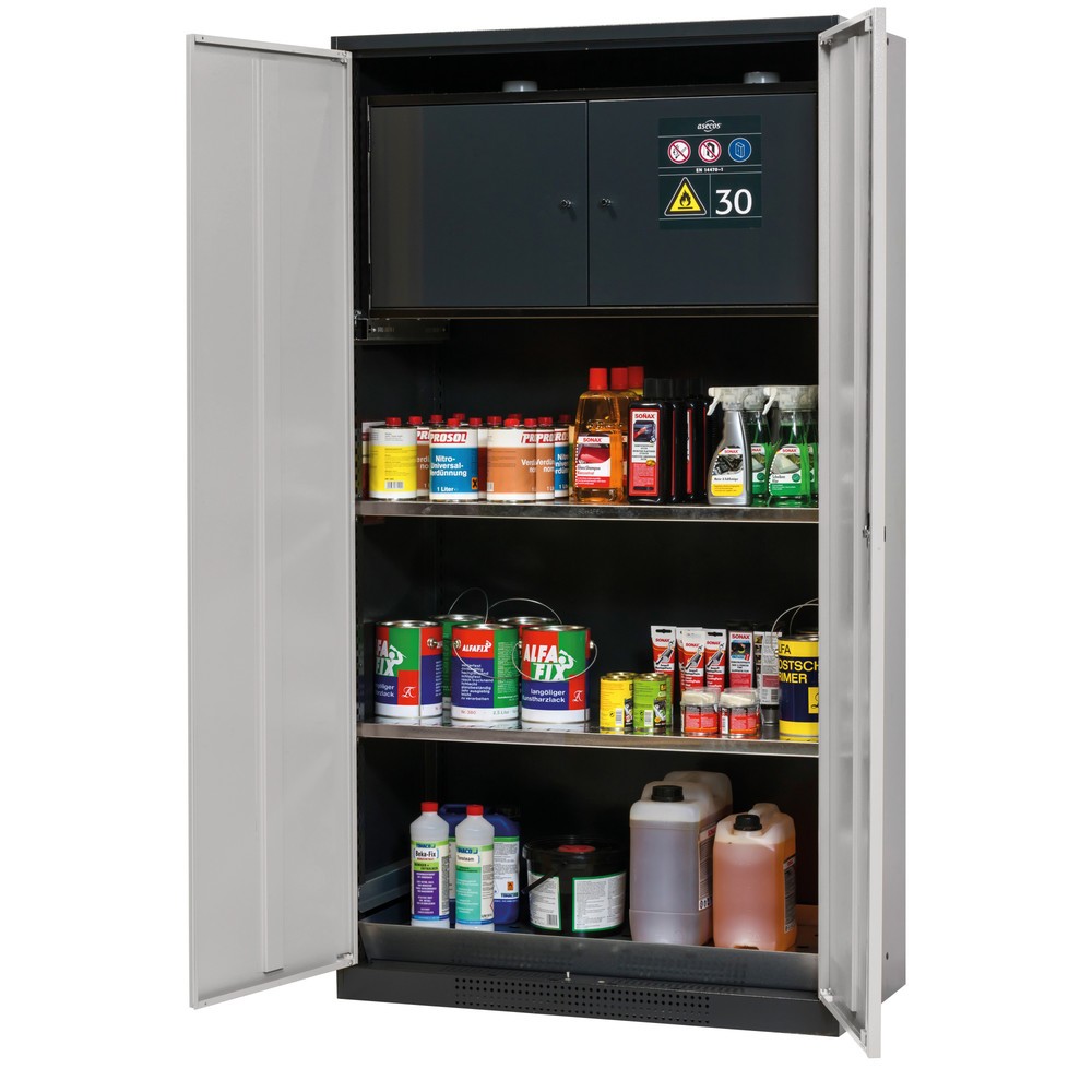 Illustration du produit: Armoire pour produits chimiques et toxiques avec coffre de sécurité type 30, asecos®, 2 tablettes, 1 bac de rétention, gris clair