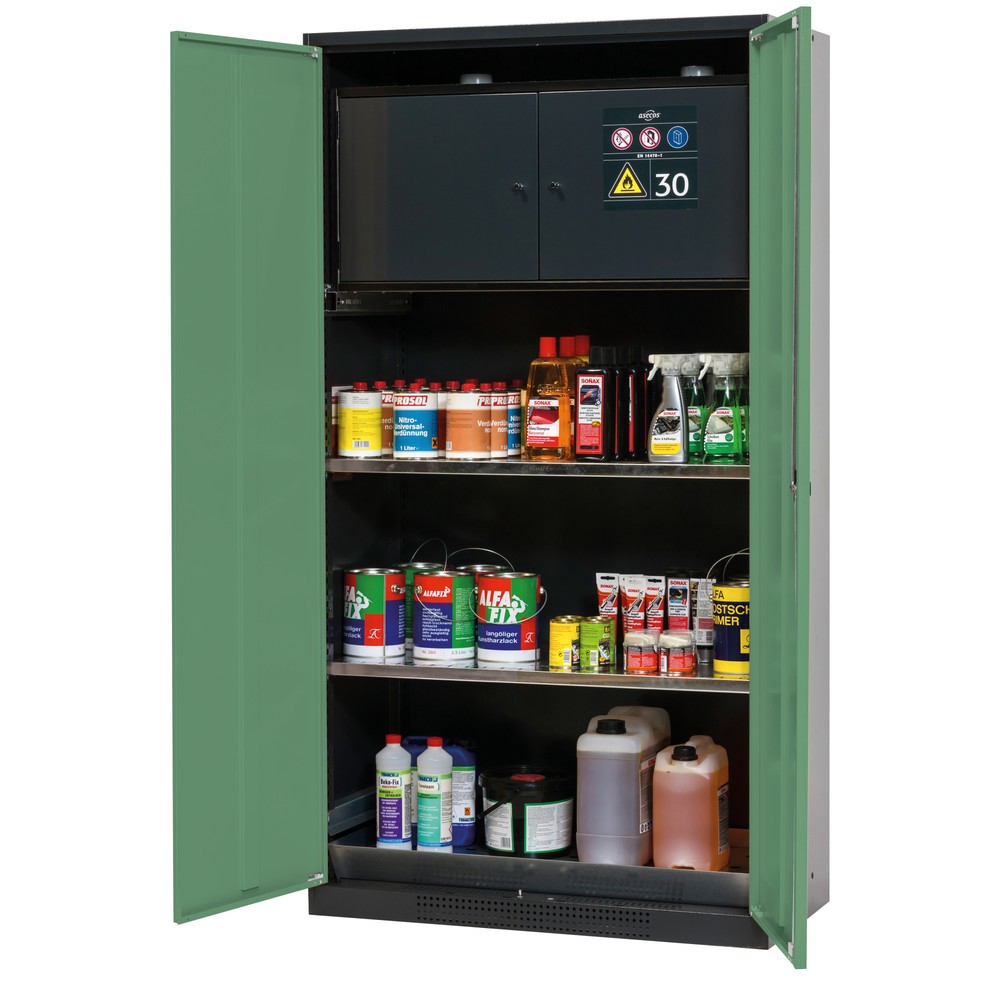 Illustration du produit: Armoire pour produits chimiques et toxiques avec coffre de sécurité type 30, asecos®, 2 tablettes, 1 bac de rétention, vert réséda