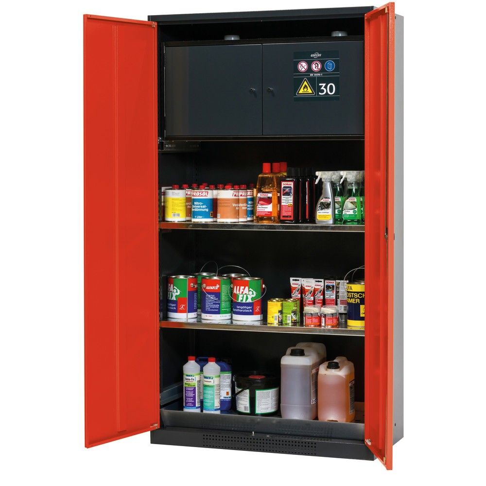 Illustration du produit: Armoire pour produits chimiques et toxiques avec coffre de sécurité type 30, asecos®, 2 tablettes, 1 bac de rétention, rouge signalisation