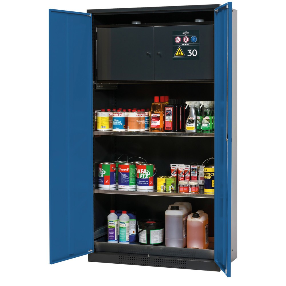 Illustration du produit: Armoire pour produits chimiques et toxiques avec coffre de sécurité type 30, asecos®, 2 tablettes, 1 bac de rétention, bleu gentiane