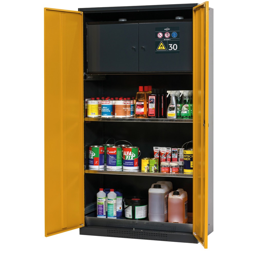 Illustration du produit: Armoire pour produits chimiques et toxiques avec coffre de sécurité type 30, asecos®, 2 tablettes, 1 bac de rétention, jaune or