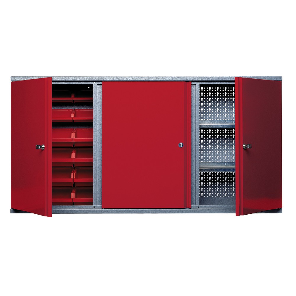 Illustration du produit: Armoire suspendue avec 2 parois arrière perforées + 18 bacs, H x l x p 600 x 1 200 x 190 mm, rouge