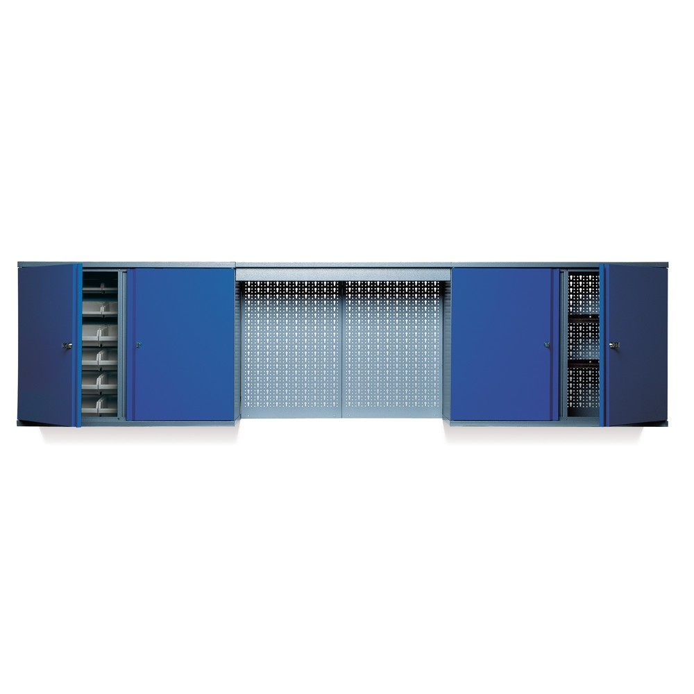 Illustration du produit: Armoire suspendue avec 4 étagères + 4 parois arrière perforées + 12 bacs + bandeau lumineux, bleu
