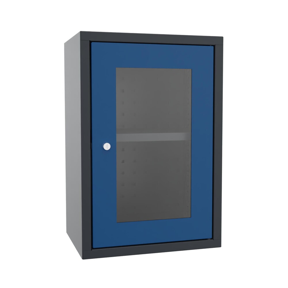 Illustration du produit: Armoire suspendue PAVOY avec regard, H x l x P 600 x 400 x 300 mm, paroi arrière perforée, bleu gentiane, gris anthracite