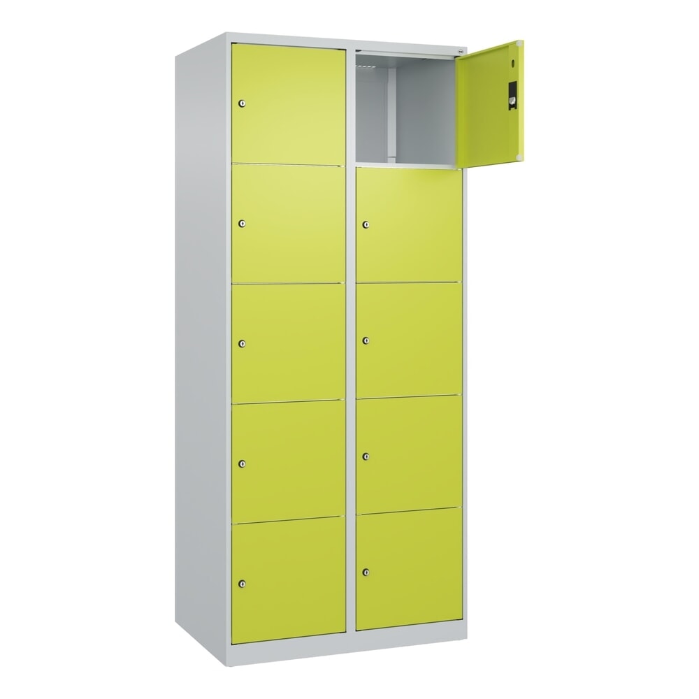 N° de l'image du produit 1 : C+P Schließfachschrank Classic PLUS, 2 Abteile, HxBxT 1.850 x 800 x 500 mm, lichtgrau, clowngrün, 10 Fächer, Zylinderschloss