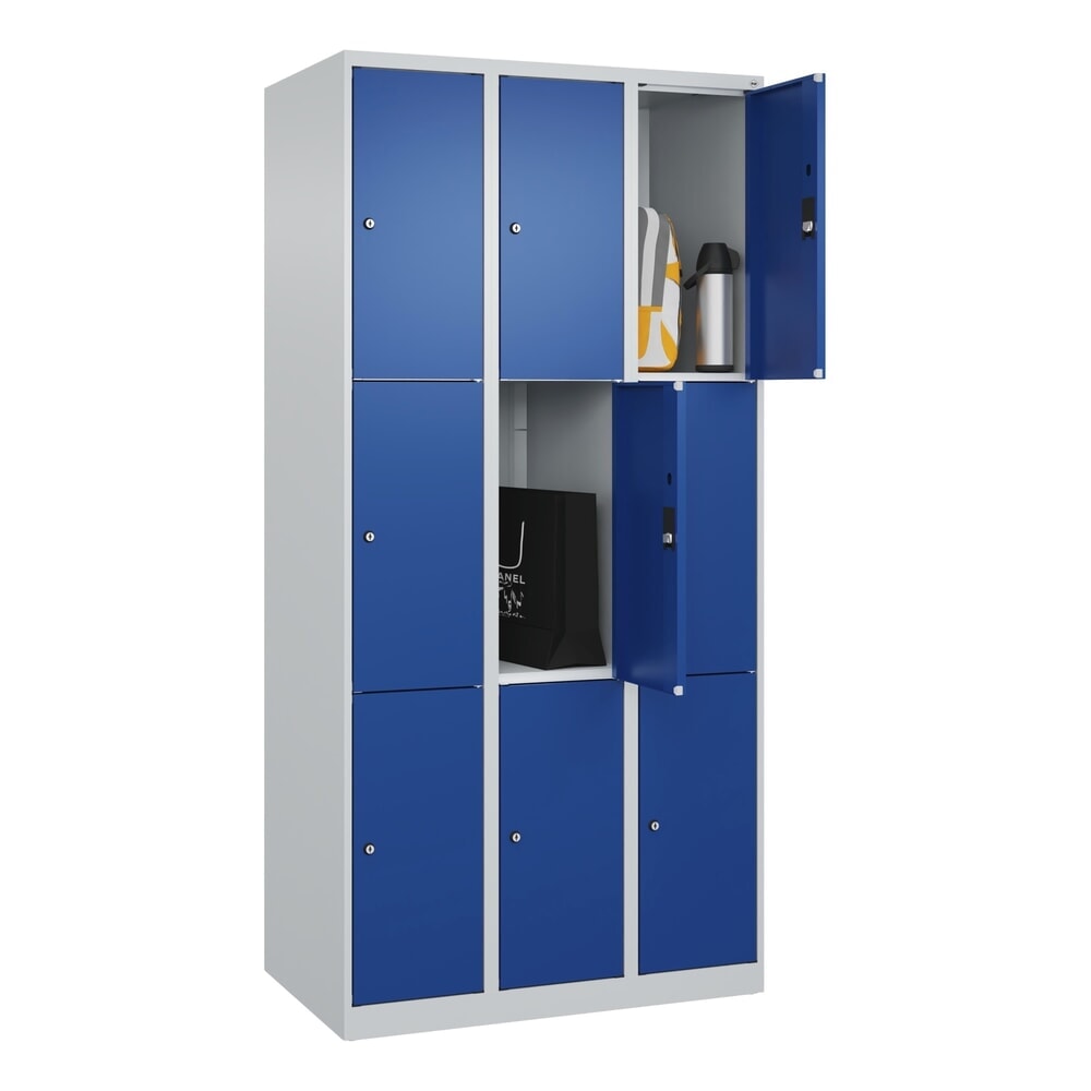 N° de l'image du produit 10 : C+P Schließfachschrank Classic PLUS, 3 Abteile, HxBxT 1.850 x 900 x 500 mm, lichtgrau, enzianblau, 9 Fächer, Zylinderschloss