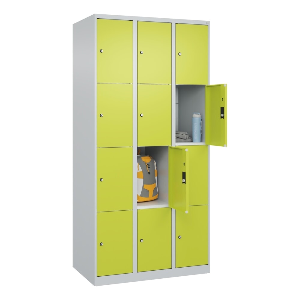 N° de l'image du produit 10 : C+P Schließfachschrank Classic PLUS, 3 Abteile, HxBxT 1.850 x 900 x 500 mm, lichtgrau, clowngrün, 12 Fächer, Zylinderschloss