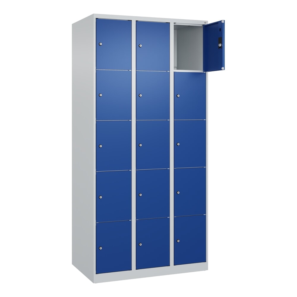 Illustration du produit: C+P Schließfachschrank Classic PLUS, 3 Abteile, HxBxT 1.850 x 900 x 500 mm, lichtgrau, enzianblau, 15 Fächer, Zylinderschloss