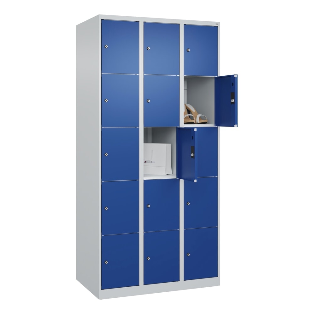N° de l'image du produit 8 : C+P Schließfachschrank Classic PLUS, 3 Abteile, HxBxT 1.850 x 900 x 500 mm, lichtgrau, enzianblau, 15 Fächer, Zylinderschloss