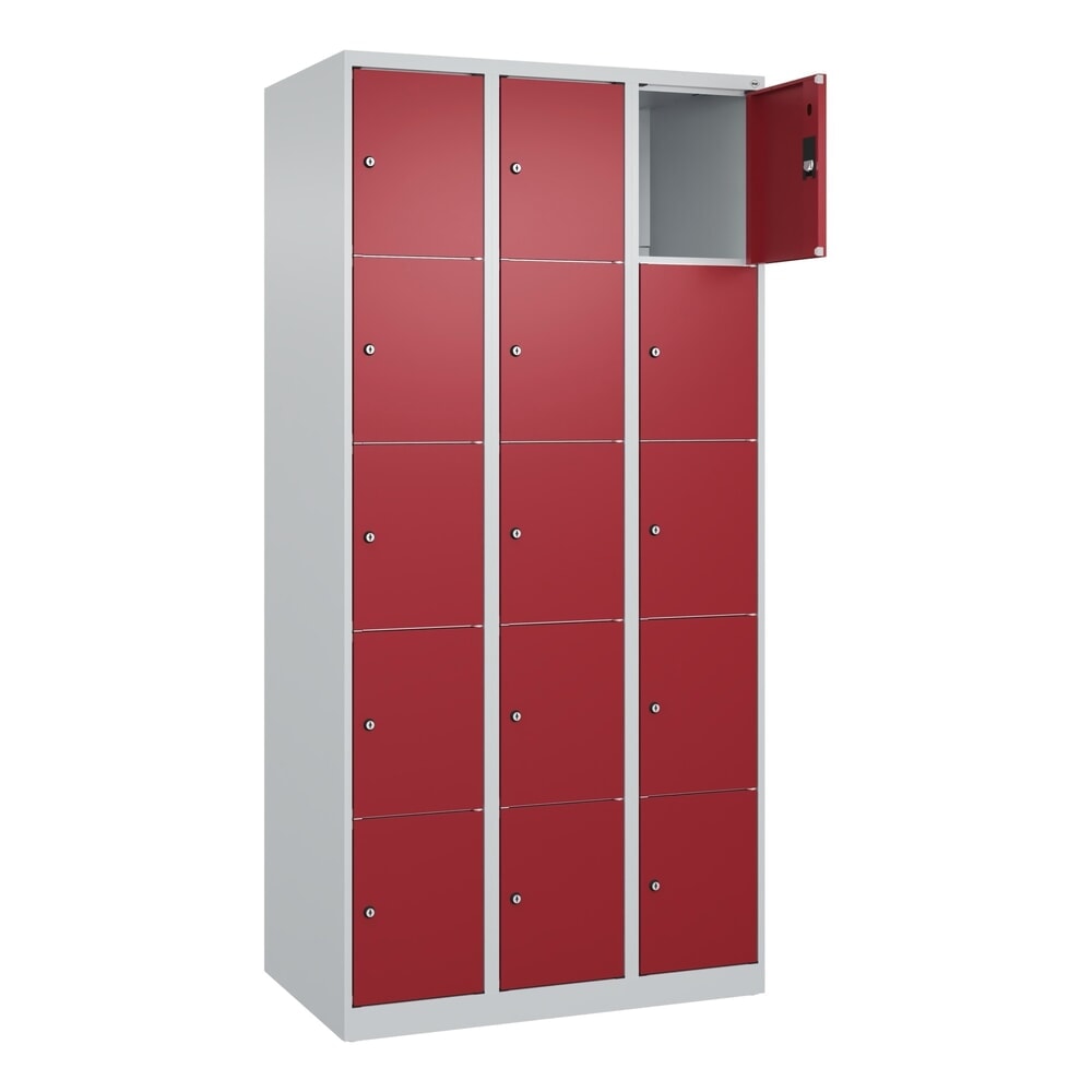 Illustration du produit: C+P Schließfachschrank Classic PLUS, 3 Abteile, HxBxT 1.850 x 900 x 500 mm, lichtgrau, rubinrot, 15 Fächer, Zylinderschloss