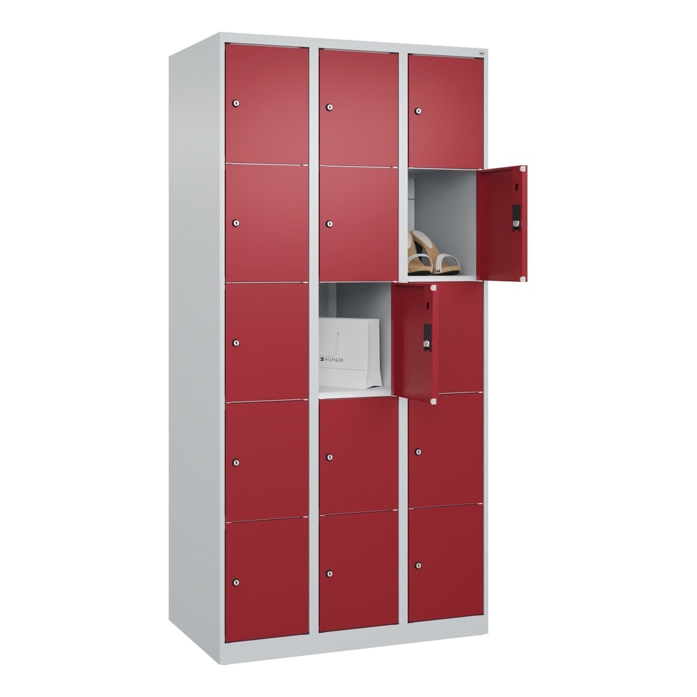 N° de l'image du produit 10 : C+P Schließfachschrank Classic PLUS, 3 Abteile, HxBxT 1.850 x 900 x 500 mm, lichtgrau, rubinrot, 15 Fächer, Zylinderschloss