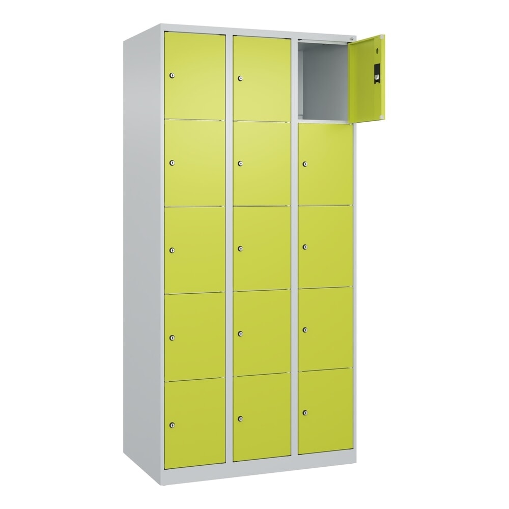 N° de l'image du produit 1 : C+P Schließfachschrank Classic PLUS, 3 Abteile, HxBxT 1.850 x 900 x 500 mm, lichtgrau, clowngrün, 15 Fächer, Zylinderschloss