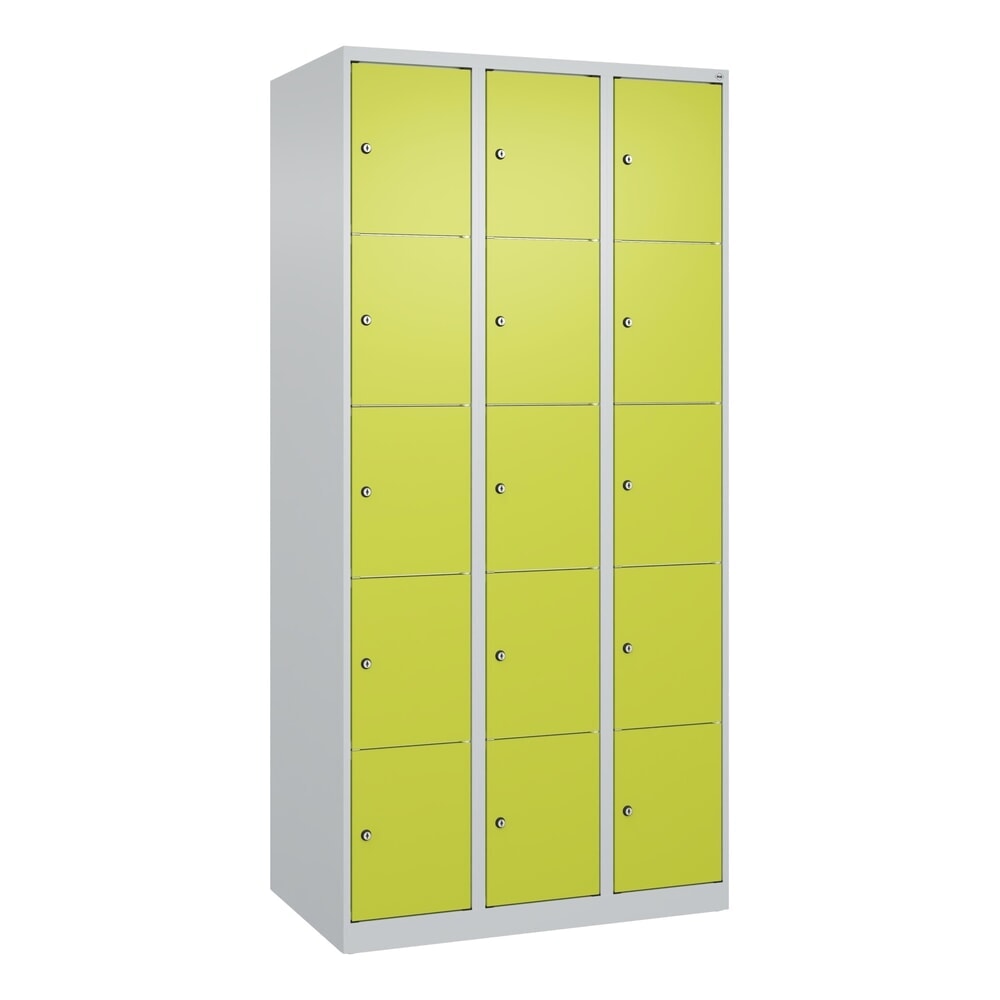N° de l'image du produit 9 : C+P Schließfachschrank Classic PLUS, 3 Abteile, HxBxT 1.850 x 900 x 500 mm, lichtgrau, clowngrün, 15 Fächer, Zylinderschloss