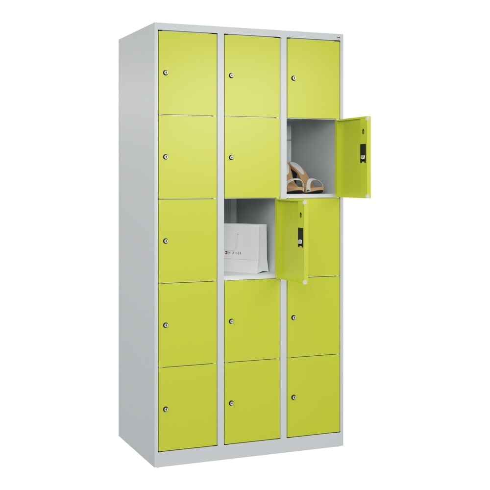 N° de l'image du produit 10 : C+P Schließfachschrank Classic PLUS, 3 Abteile, HxBxT 1.850 x 900 x 500 mm, lichtgrau, clowngrün, 15 Fächer, Zylinderschloss