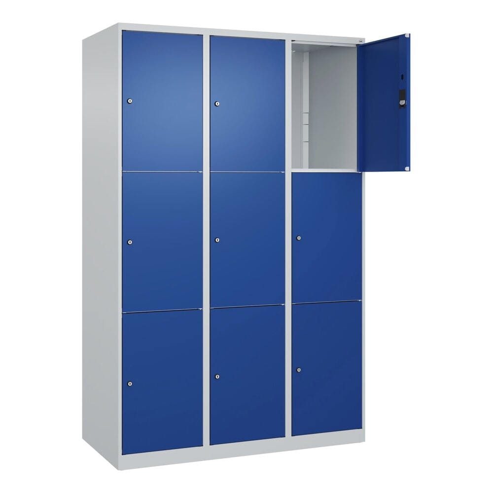 N° de l'image du produit 1 : C+P Schließfachschrank Classic PLUS, 3 Abteile, HxBxT 1.850 x 1.200 x 500 mm, lichtgrau, enzianblau, 9 Fächer, Zylinderschloss